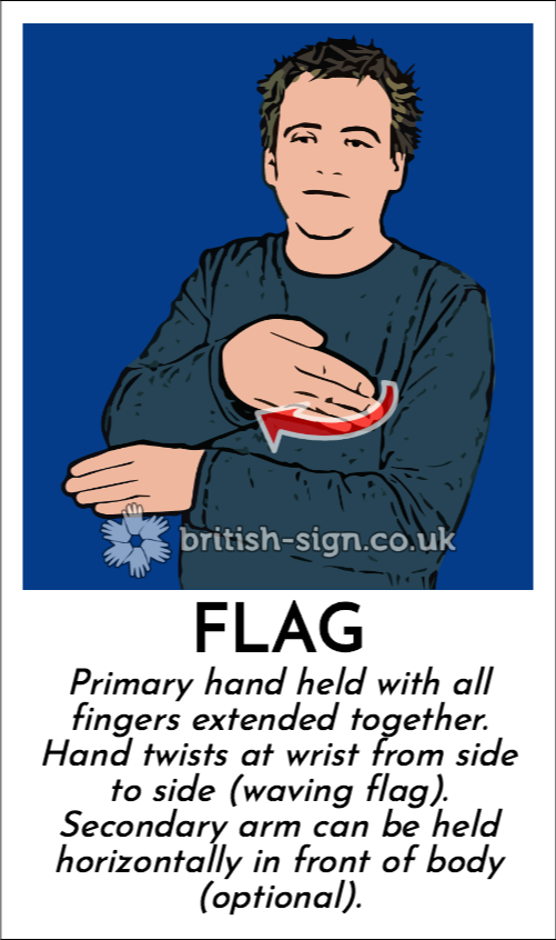 Flag: Primary hand held with all fingers extended together.  Hand twists at wrist from side to side (waving flag).  Secondary arm can be held horizontally in front of body (optional). 